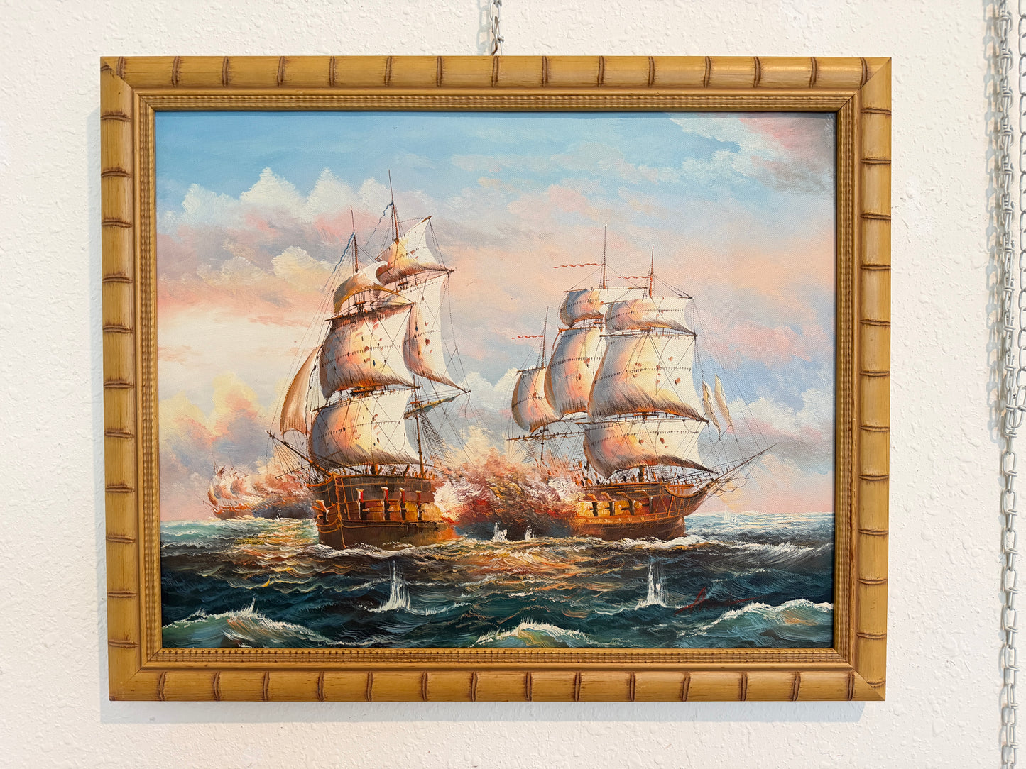 Original Marine Naval Battle Oil Painting Sailing Ships Seascape Framed, Signed