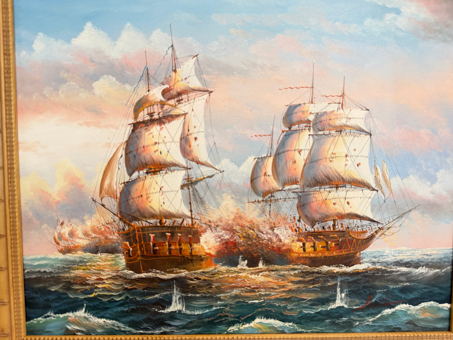 Original Marine Naval Battle Oil Painting Sailing Ships Seascape Framed, Signed