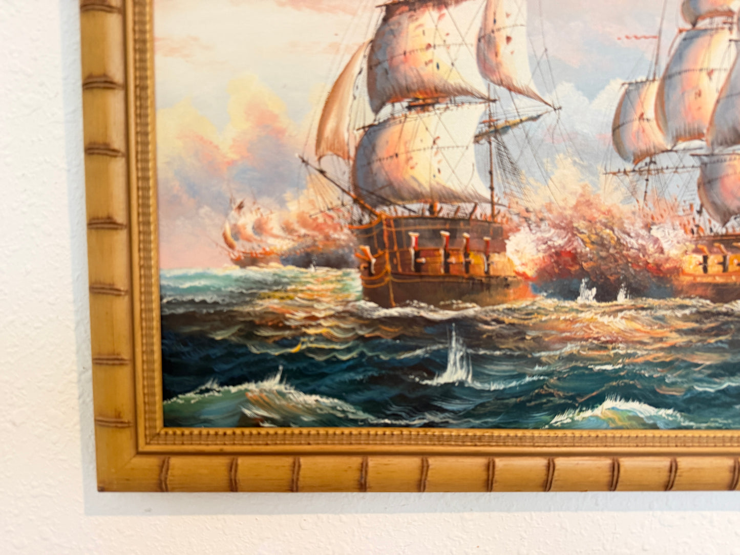 Original Marine Naval Battle Oil Painting Sailing Ships Seascape Framed, Signed