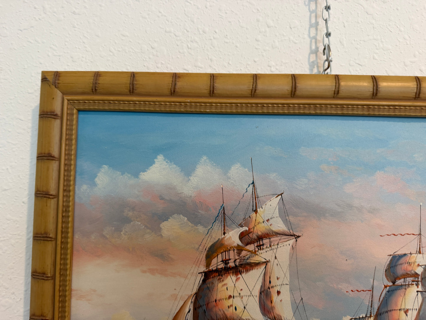 Original Marine Naval Battle Oil Painting Sailing Ships Seascape Framed, Signed
