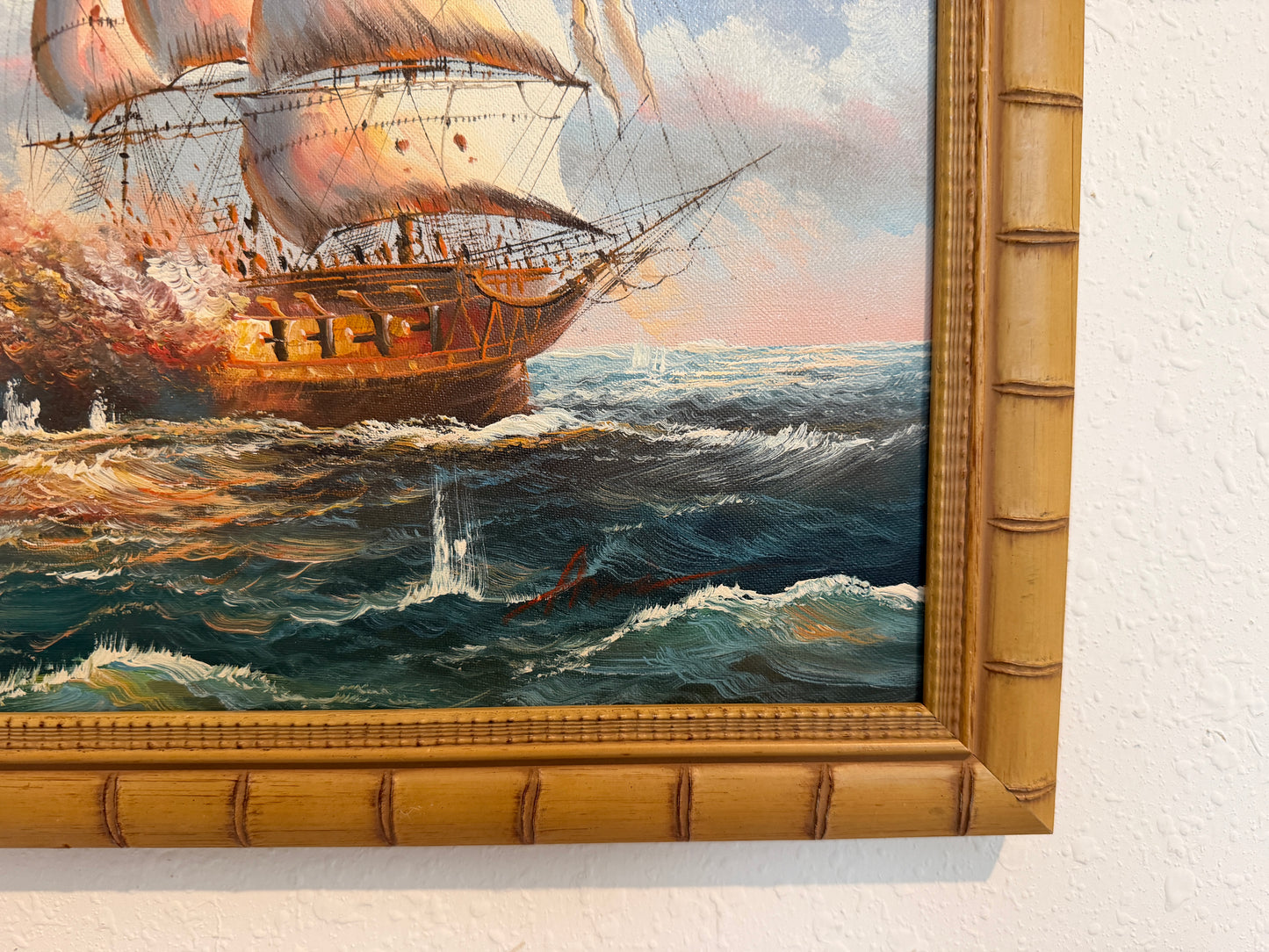 Original Marine Naval Battle Oil Painting Sailing Ships Seascape Framed, Signed