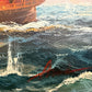 Original Marine Naval Battle Oil Painting Sailing Ships Seascape Framed, Signed