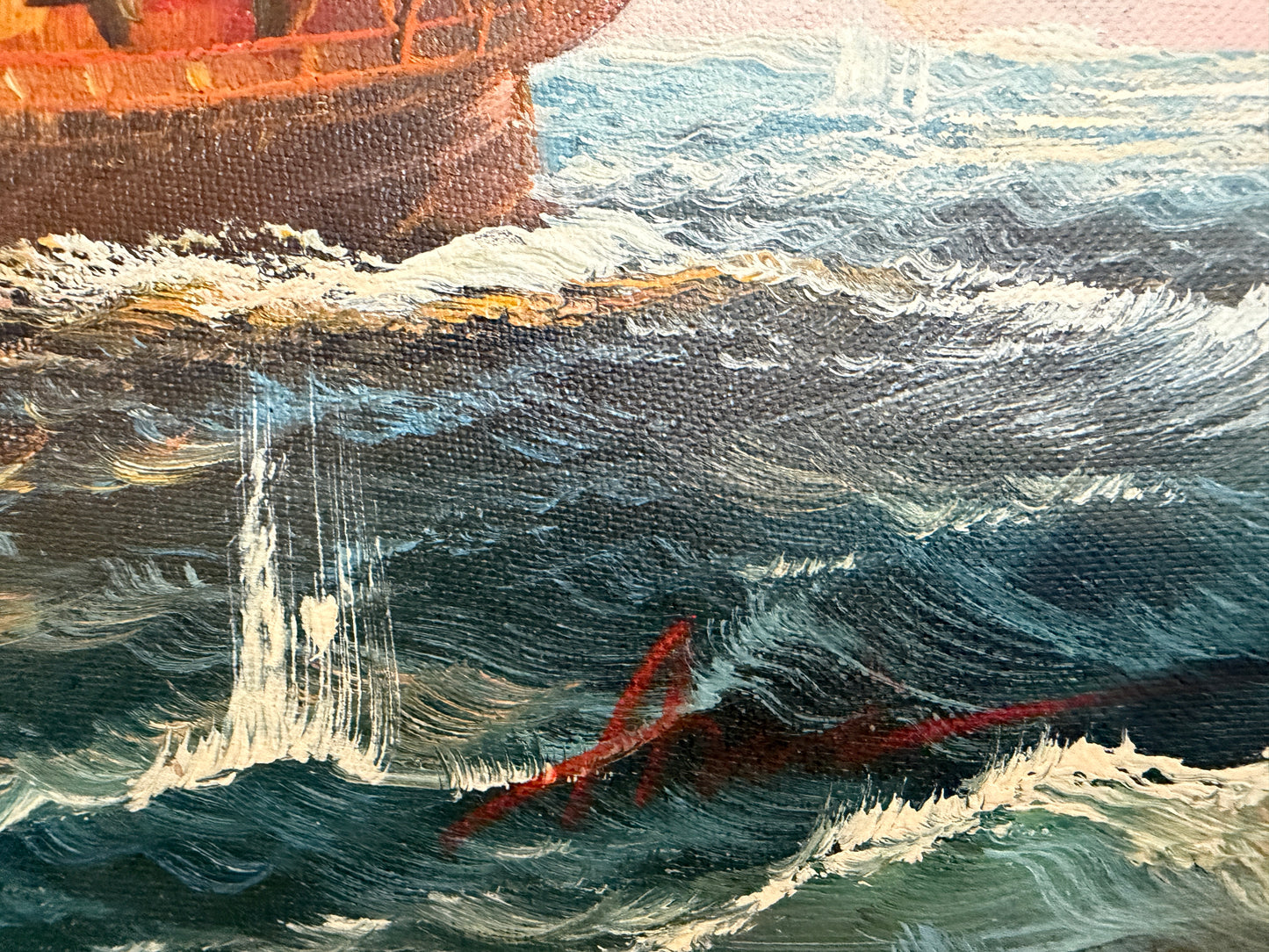 Original Marine Naval Battle Oil Painting Sailing Ships Seascape Framed, Signed
