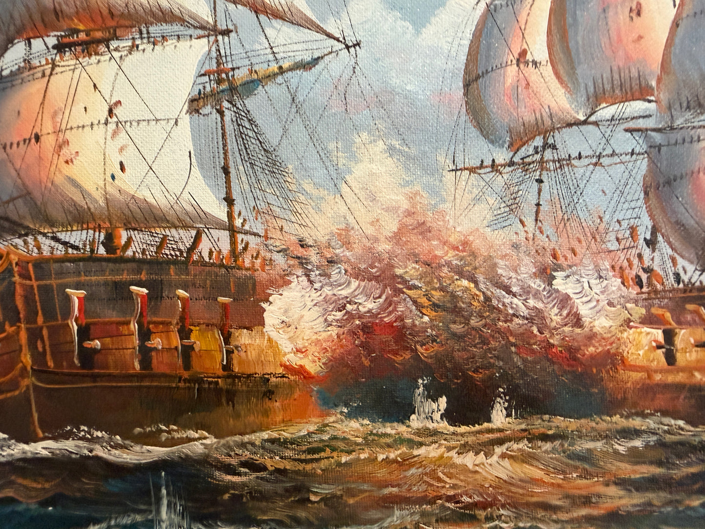 Original Marine Naval Battle Oil Painting Sailing Ships Seascape Framed, Signed