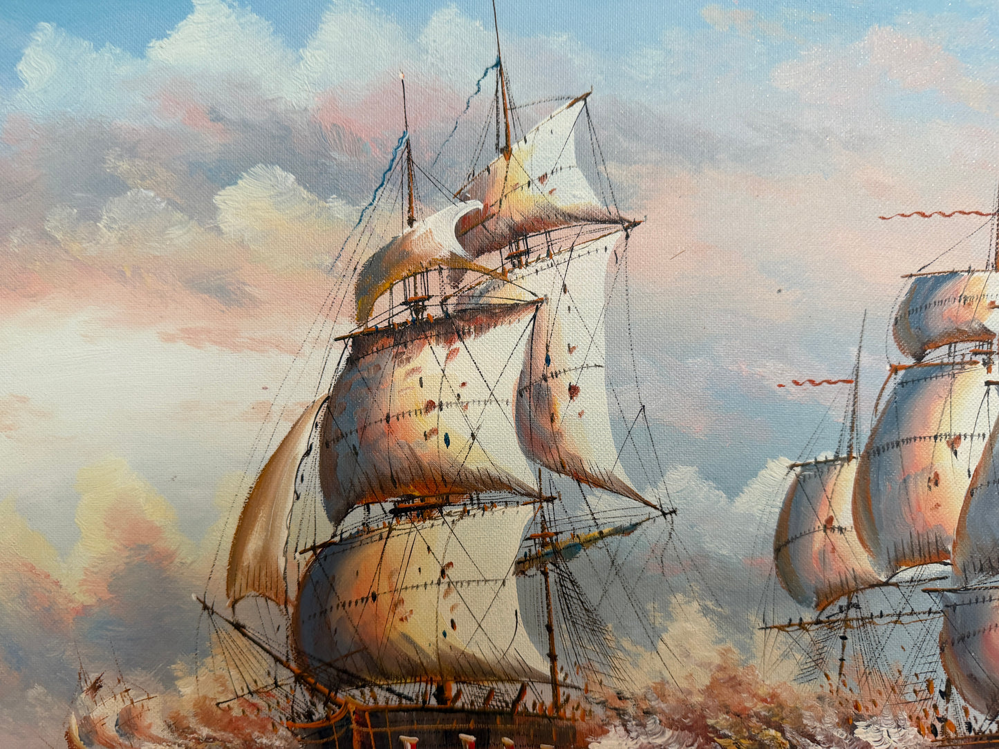 Original Marine Naval Battle Oil Painting Sailing Ships Seascape Framed, Signed