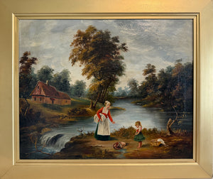 Antique Signed European Oil Painting Mid Century Genre Landscape Cottage Scene