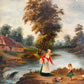 Antique Signed European Oil Painting Mid Century Genre Landscape Cottage Scene