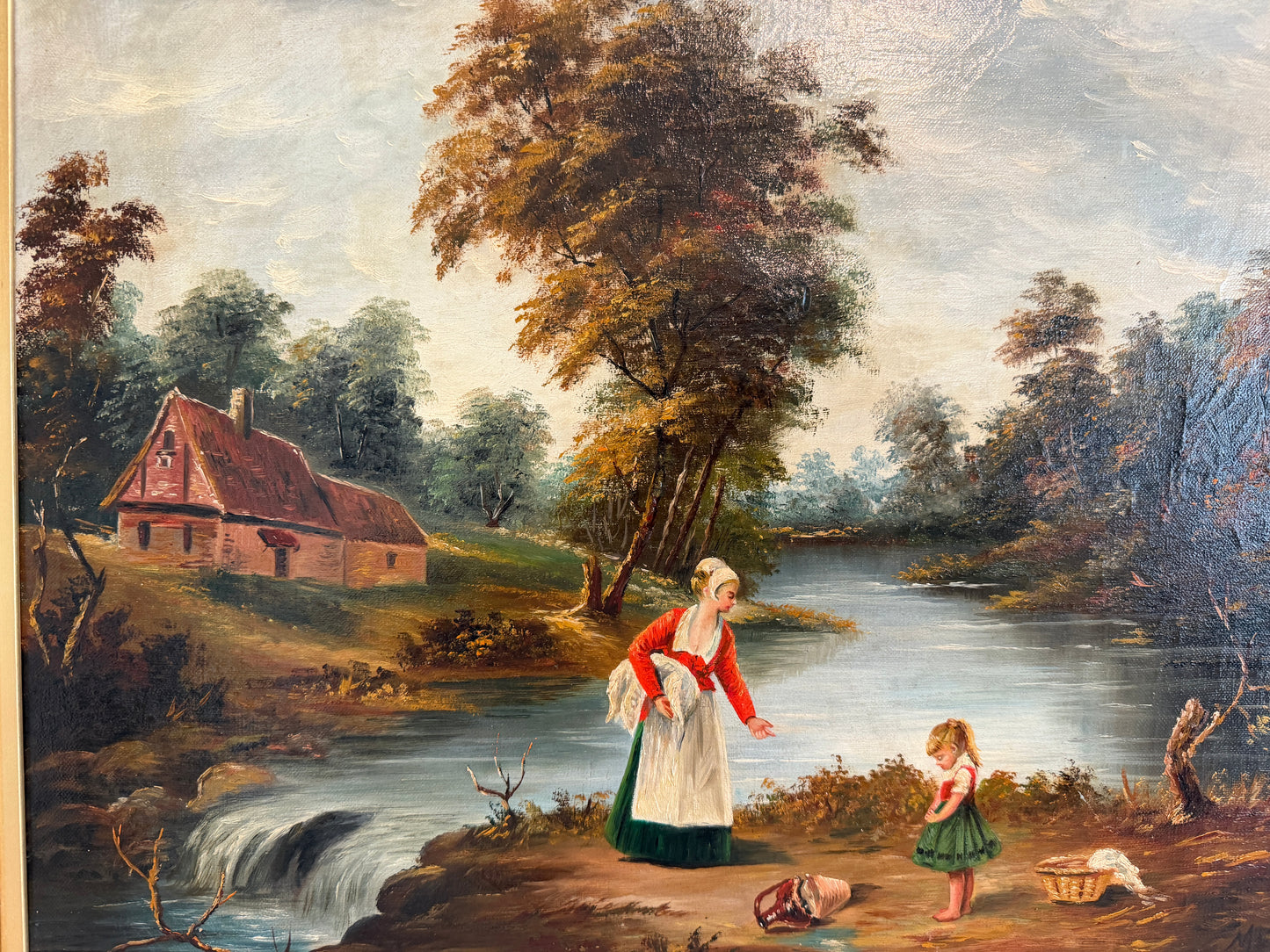 Antique Signed European Oil Painting Mid Century Genre Landscape Cottage Scene