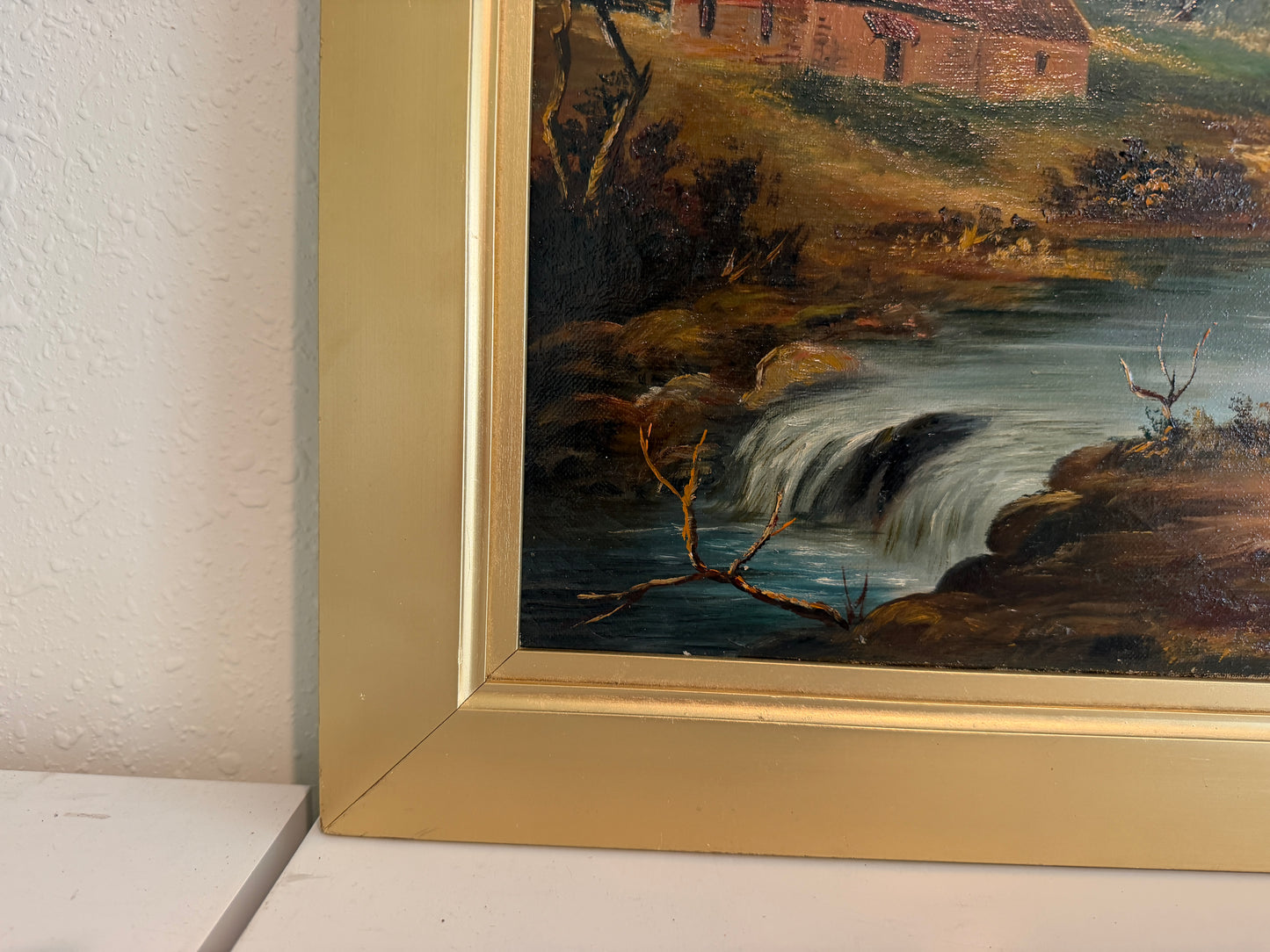 Antique Signed European Oil Painting Mid Century Genre Landscape Cottage Scene