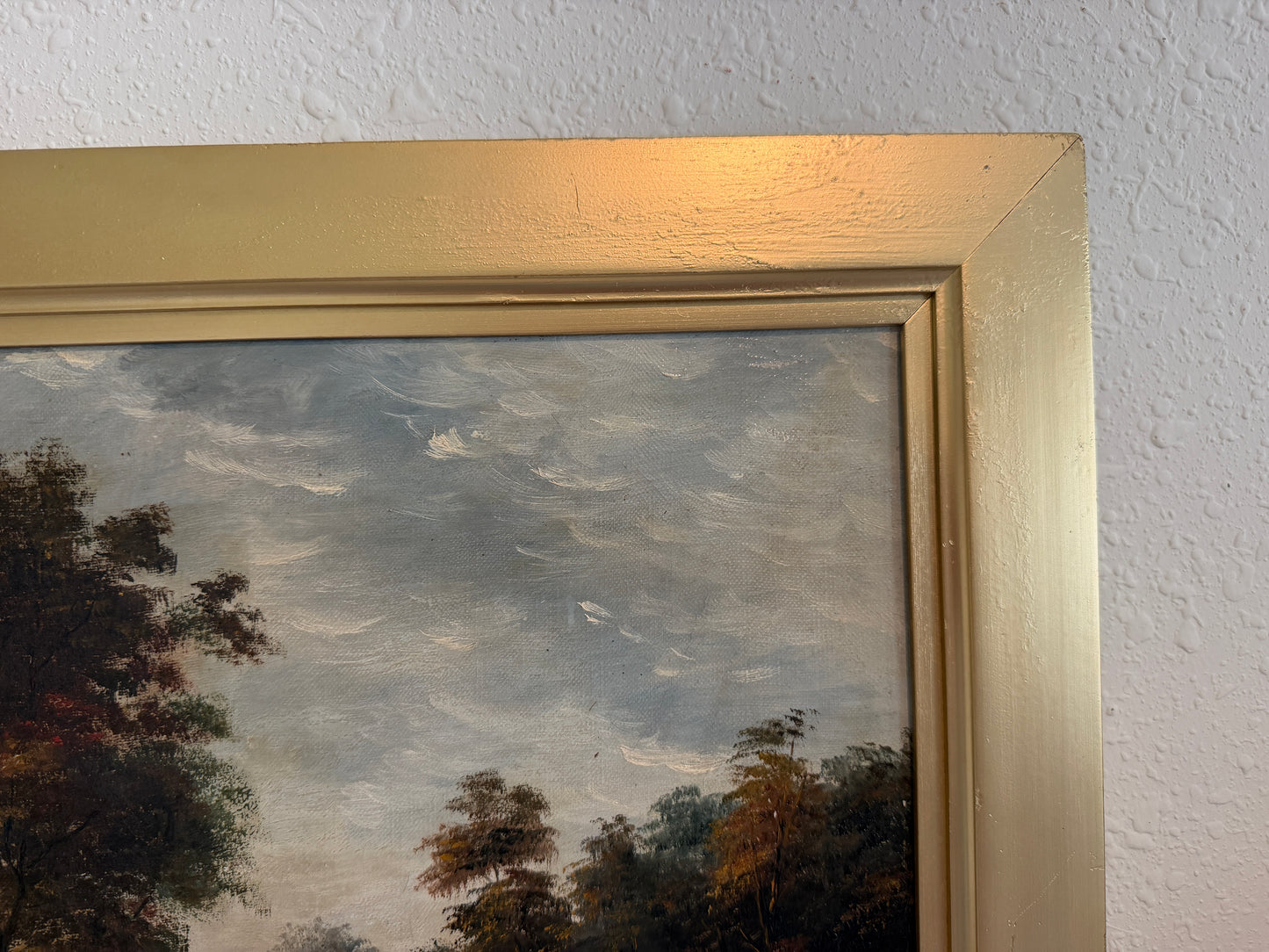 Antique Signed European Oil Painting Mid Century Genre Landscape Cottage Scene