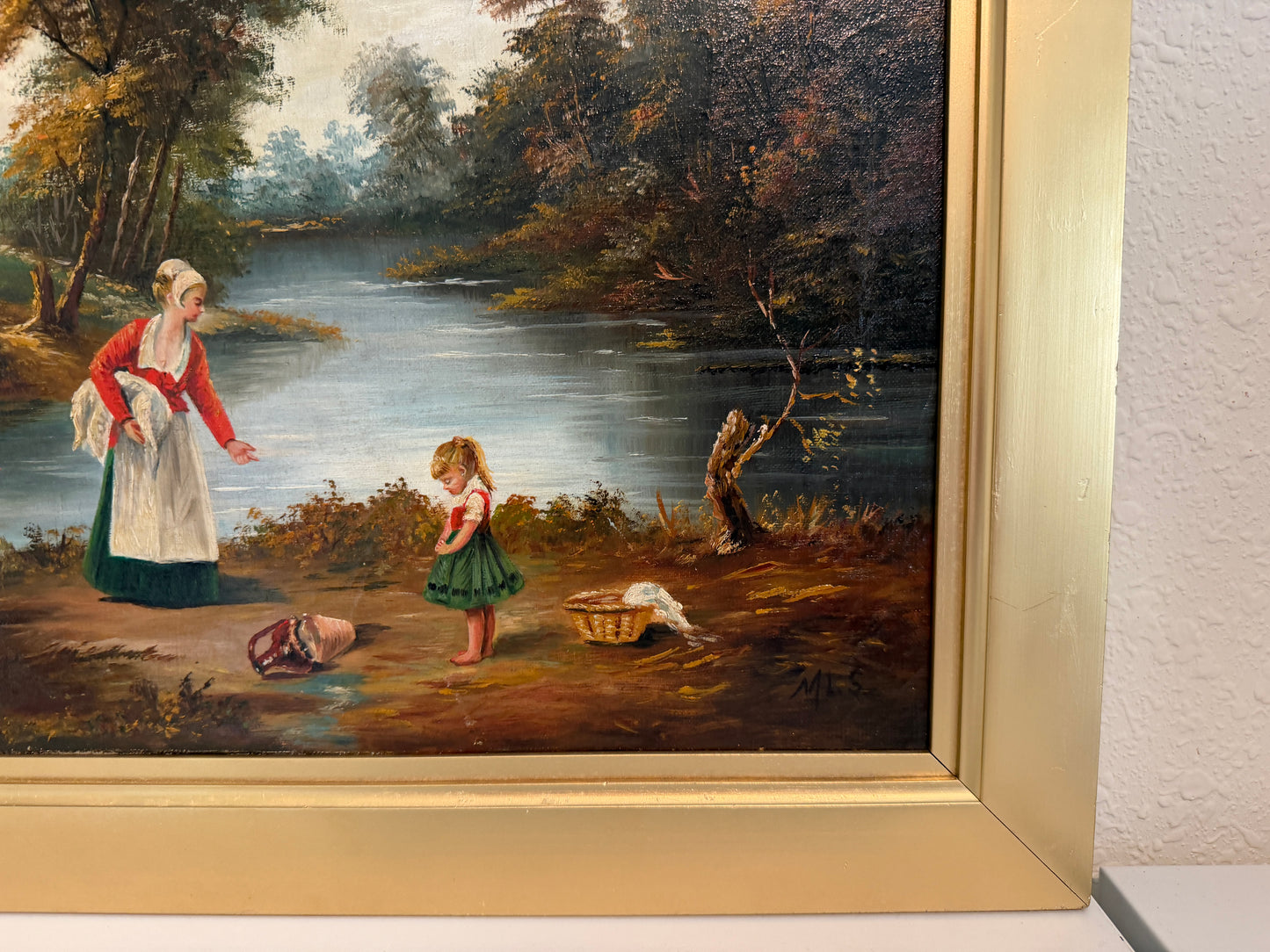 Antique Signed European Oil Painting Mid Century Genre Landscape Cottage Scene