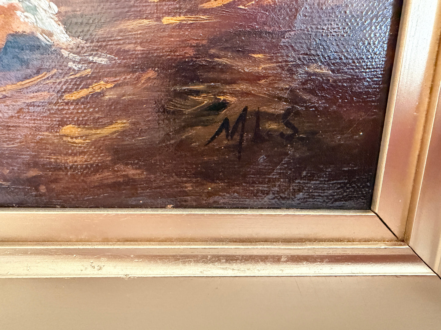 Antique Signed European Oil Painting Mid Century Genre Landscape Cottage Scene