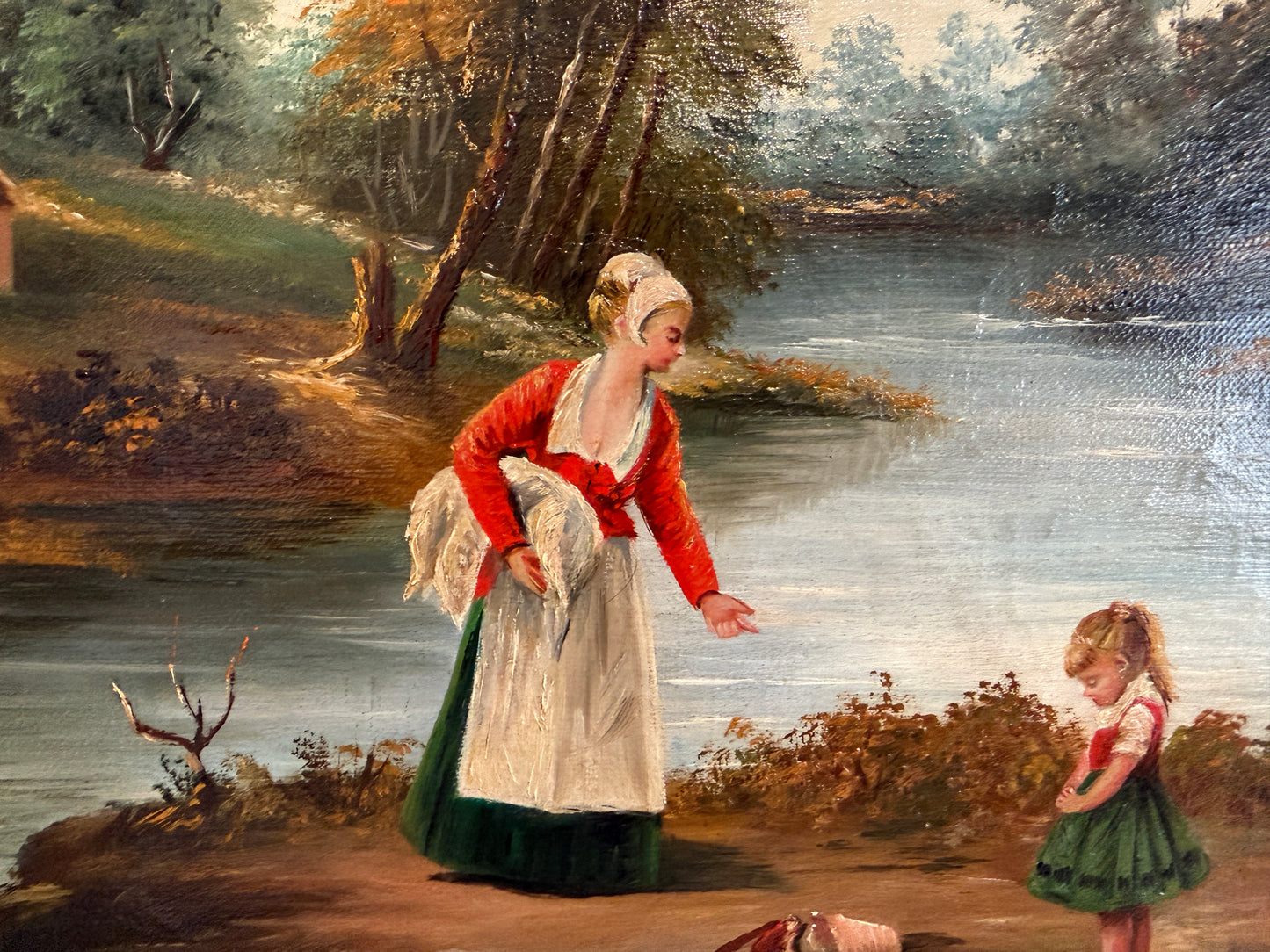 Antique Signed European Oil Painting Mid Century Genre Landscape Cottage Scene