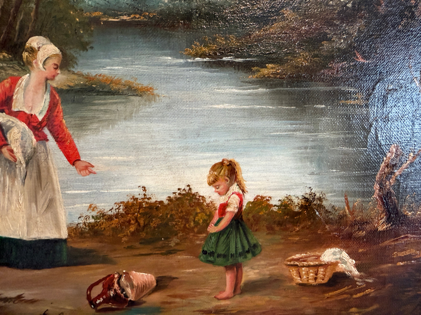 Antique Signed European Oil Painting Mid Century Genre Landscape Cottage Scene