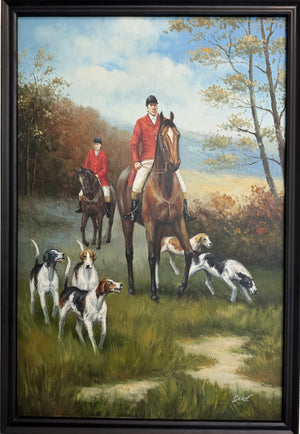 Fox Hunting Scene Oil Painting on Canvas Horses Hounds Equestrian Sporting Art