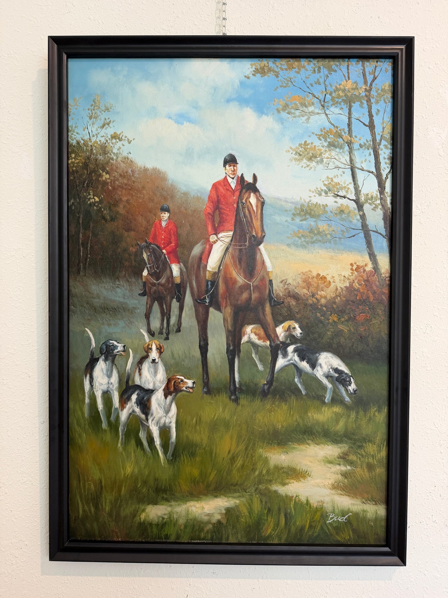 Fox Hunting Scene Oil Painting on Canvas Horses Hounds Equestrian Sporting Art