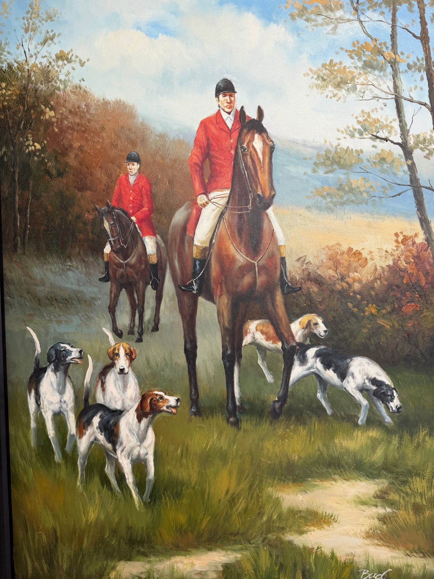 Fox Hunting Scene Oil Painting on Canvas Horses Hounds Equestrian Sporting Art