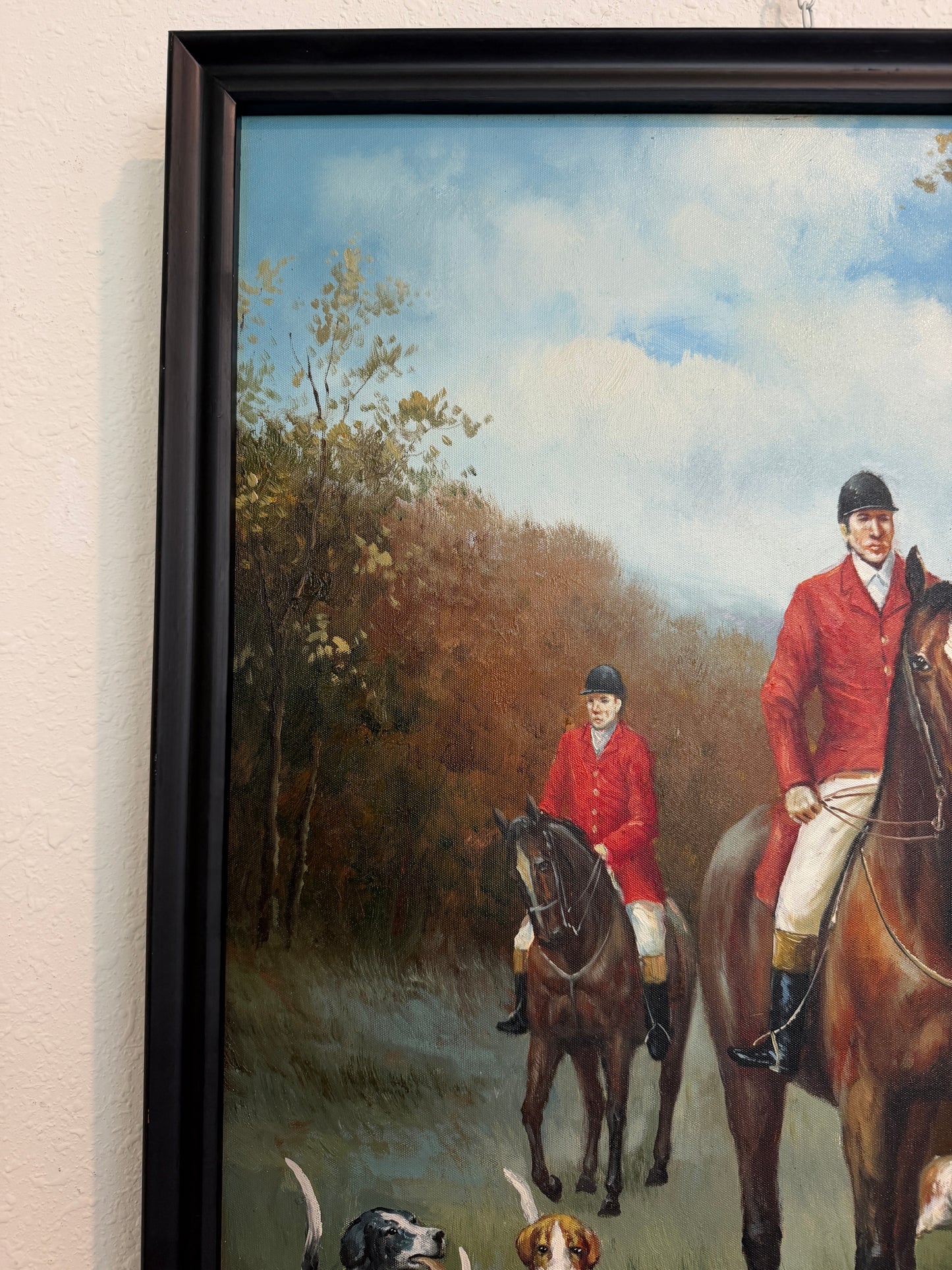 Fox Hunting Scene Oil Painting on Canvas Horses Hounds Equestrian Sporting Art