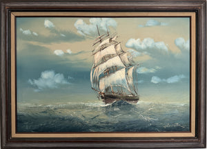 Large Vintage Signed Original Marine Oil Painting Tall Ship Nautical Seascape