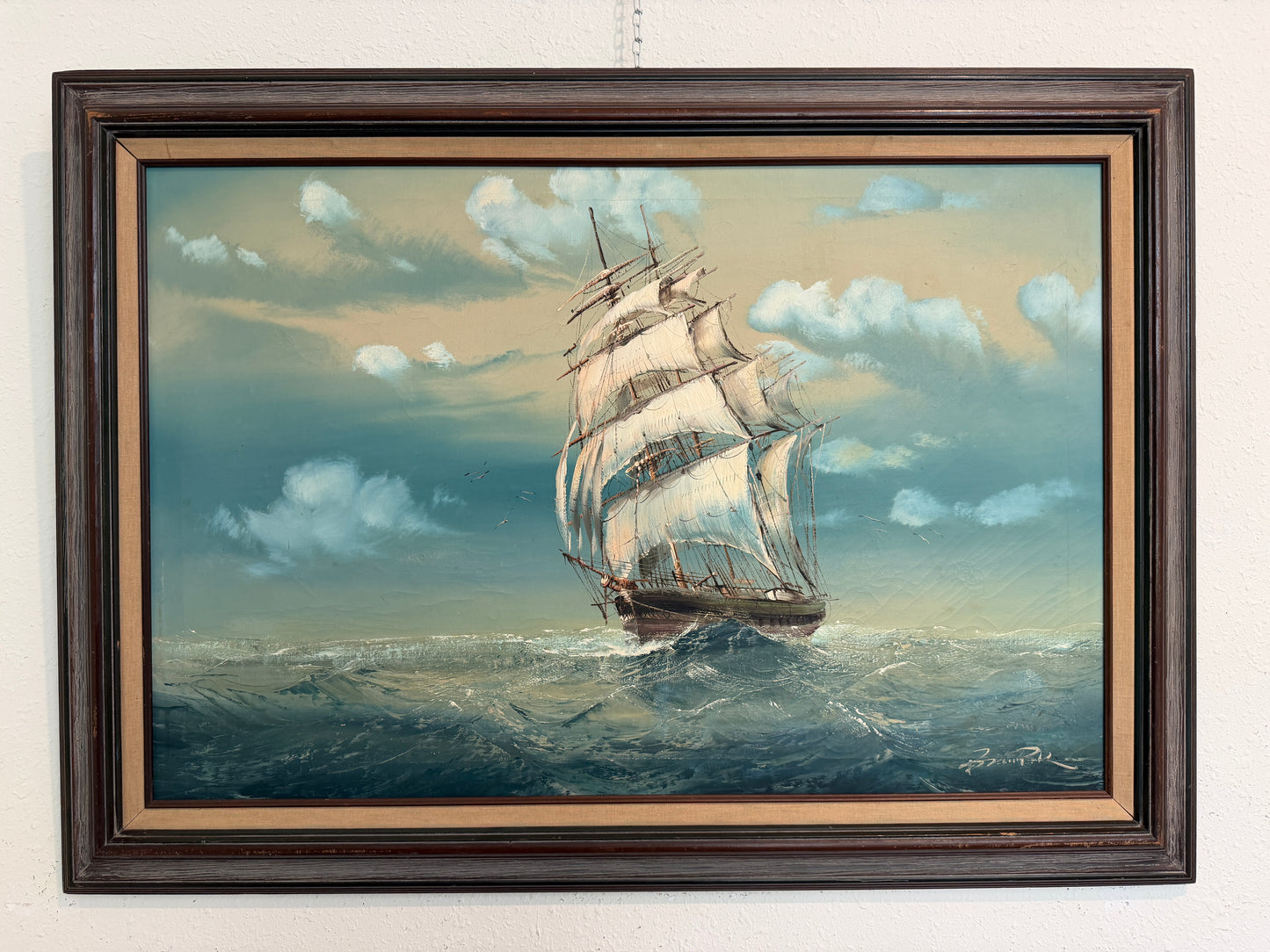 Large Vintage Signed Original Marine Oil Painting Tall Ship Nautical Seascape