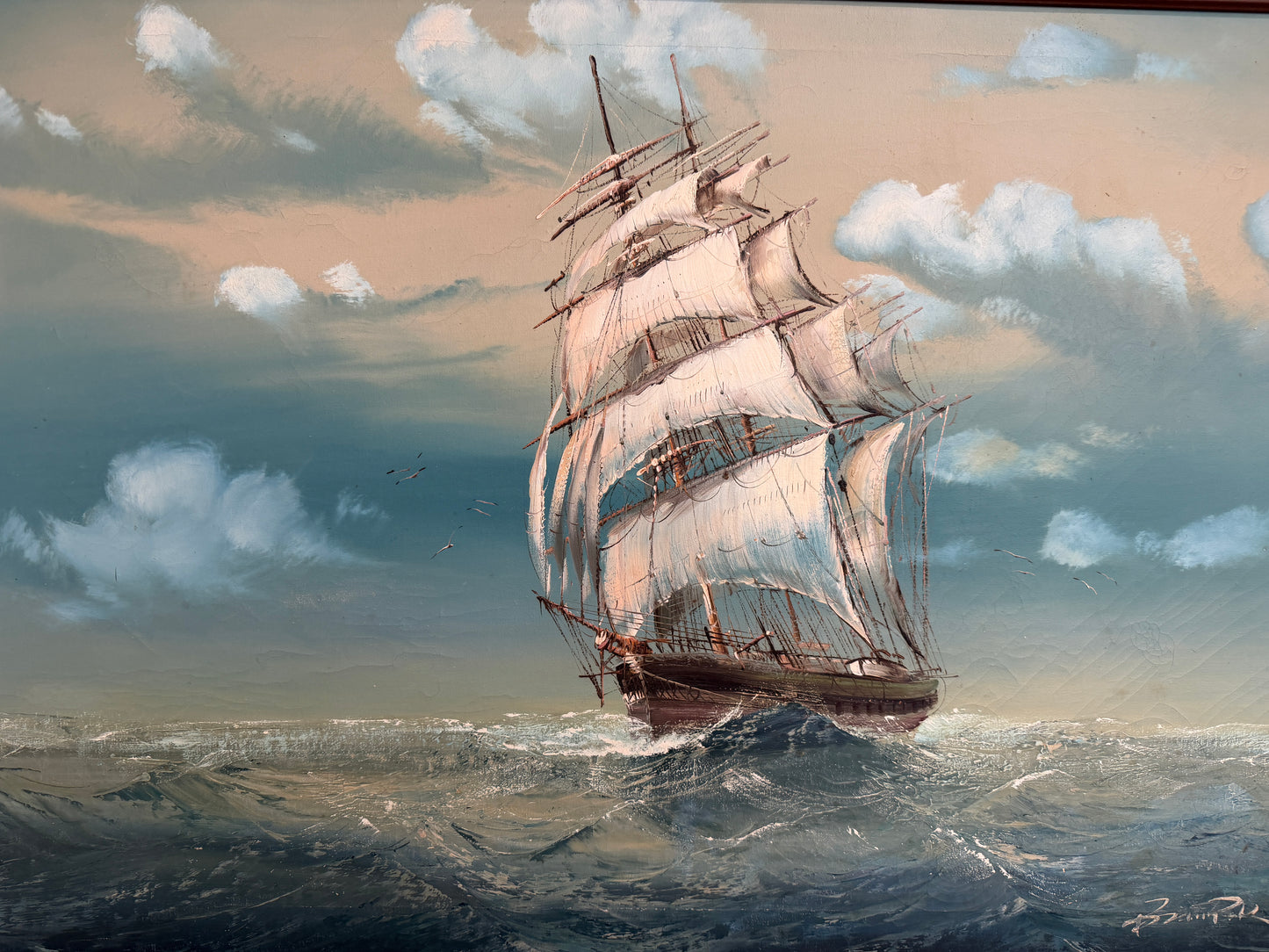 Large Vintage Signed Original Marine Oil Painting Tall Ship Nautical Seascape