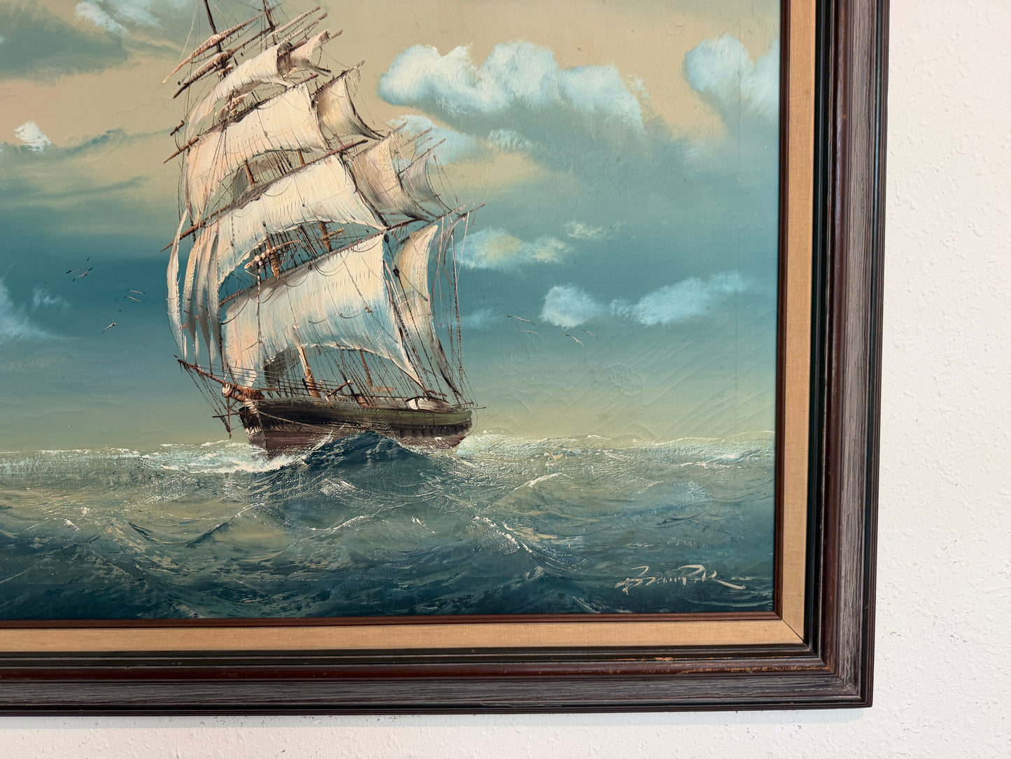 Large Vintage Signed Original Marine Oil Painting Tall Ship Nautical Seascape
