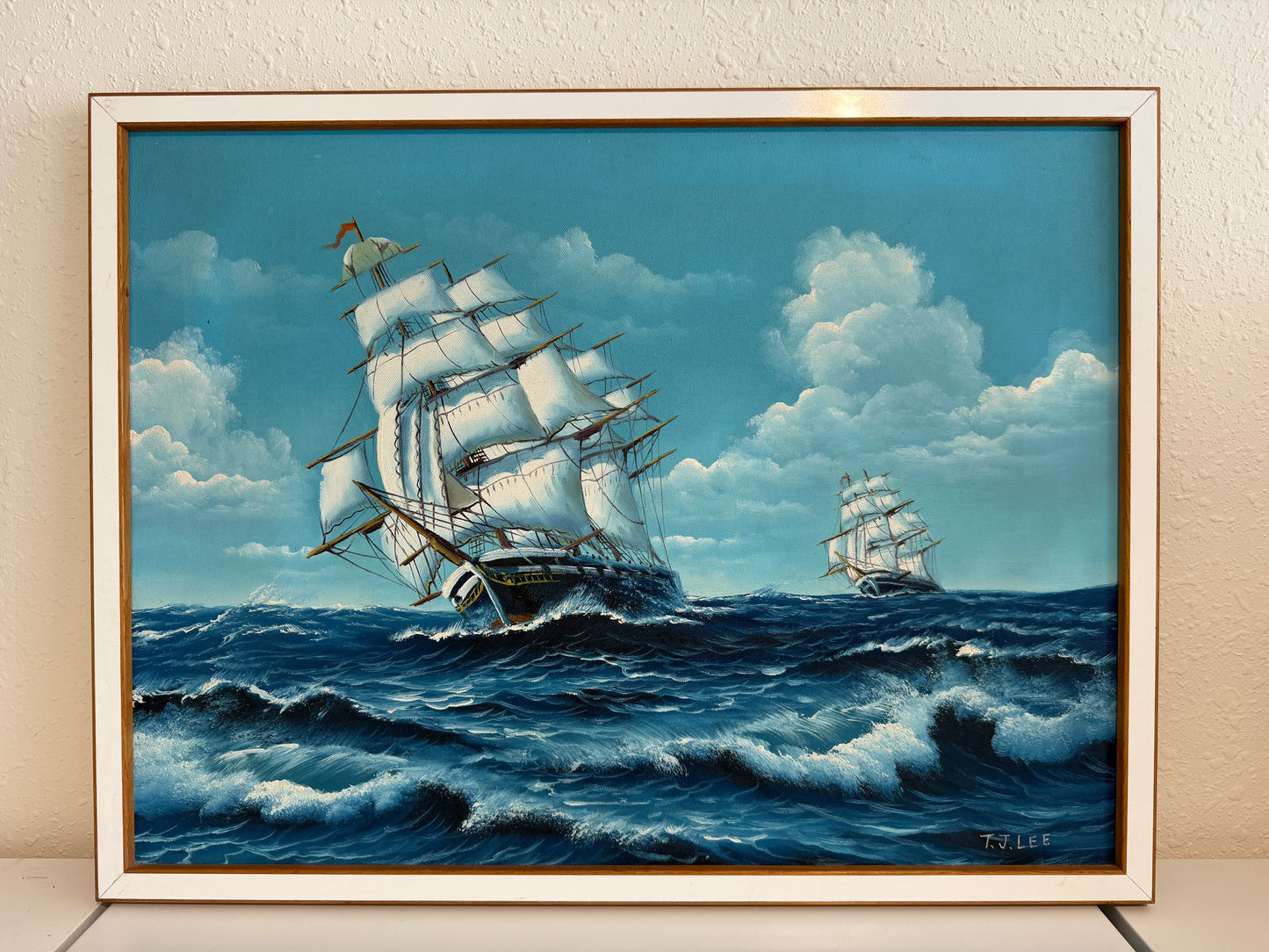 T.J. Lee Marine Seascape Oil Painting Tall Ships Ocean Waves Nautical Framed