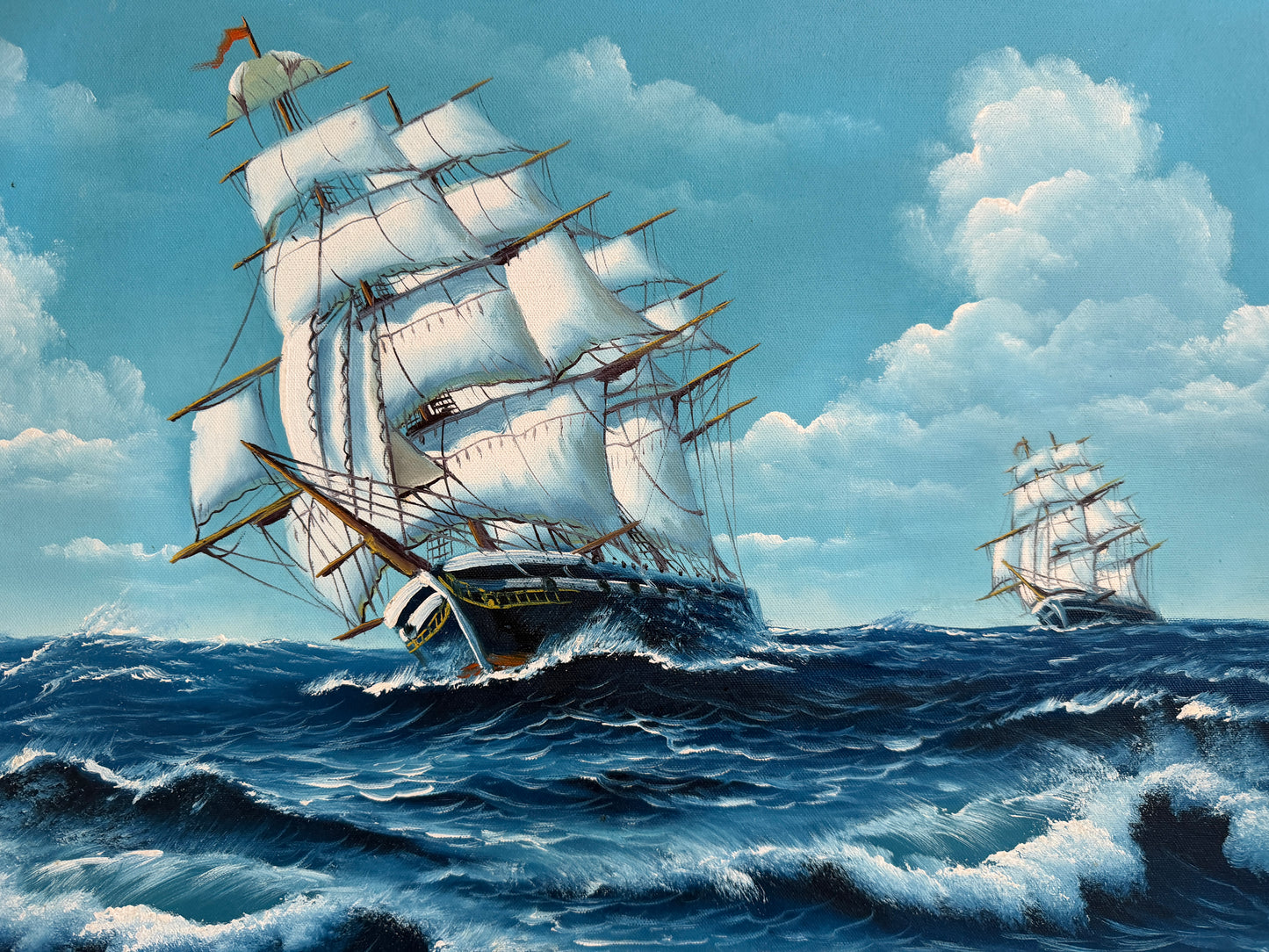 T.J. Lee Marine Seascape Oil Painting Tall Ships Ocean Waves Nautical Framed