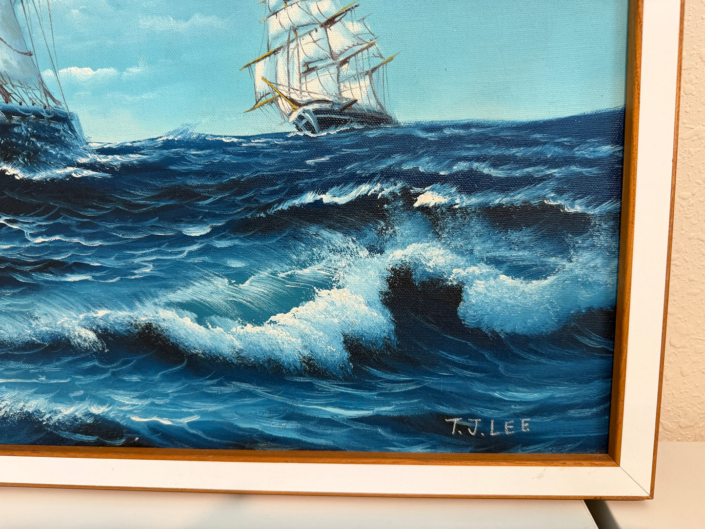 T.J. Lee Marine Seascape Oil Painting Tall Ships Ocean Waves Nautical Framed
