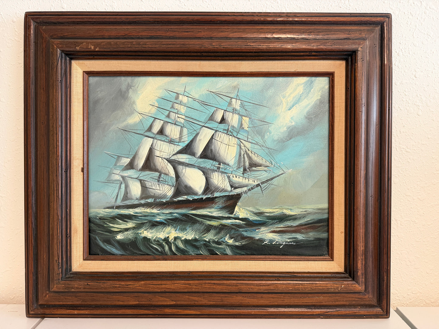 Renato Longanesi - Original Vintage Oil Painting Clipper Ship Stormy Sea Framed