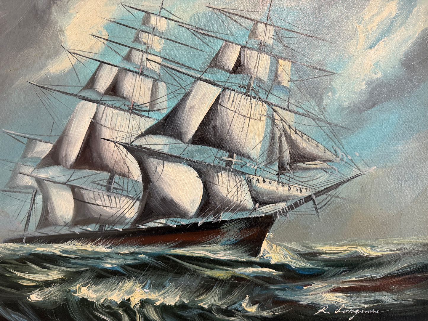 Renato Longanesi - Original Vintage Oil Painting Clipper Ship Stormy Sea Framed