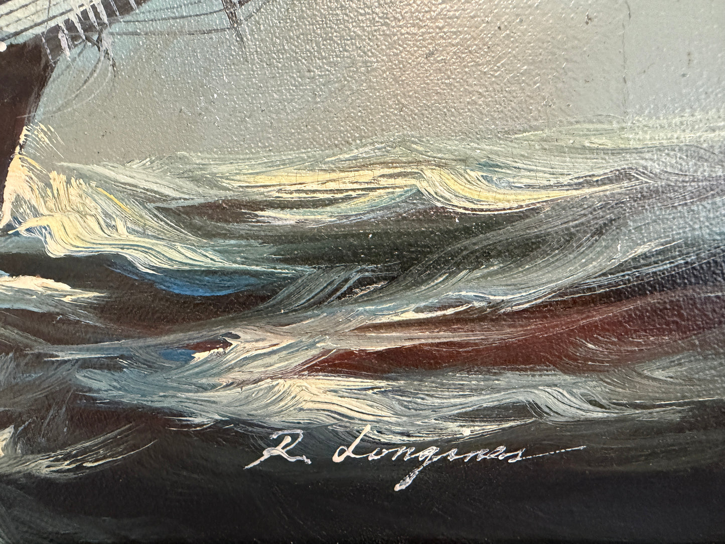Renato Longanesi - Original Vintage Oil Painting Clipper Ship Stormy Sea Framed