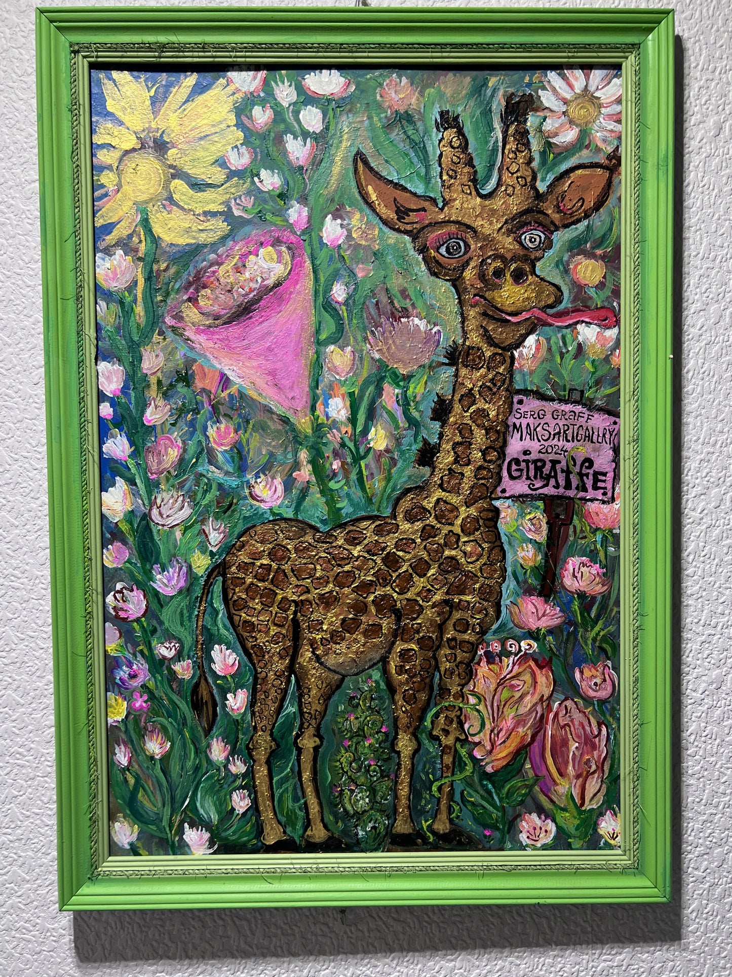 Original Large Painting on Board , Titled "Funny Giraffe" by Serg Graff, COA