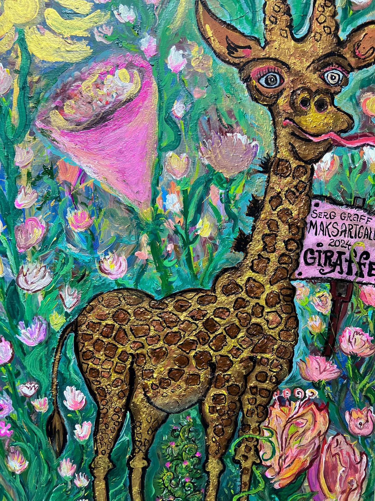 Original Large Painting on Board , Titled "Funny Giraffe" by Serg Graff, COA