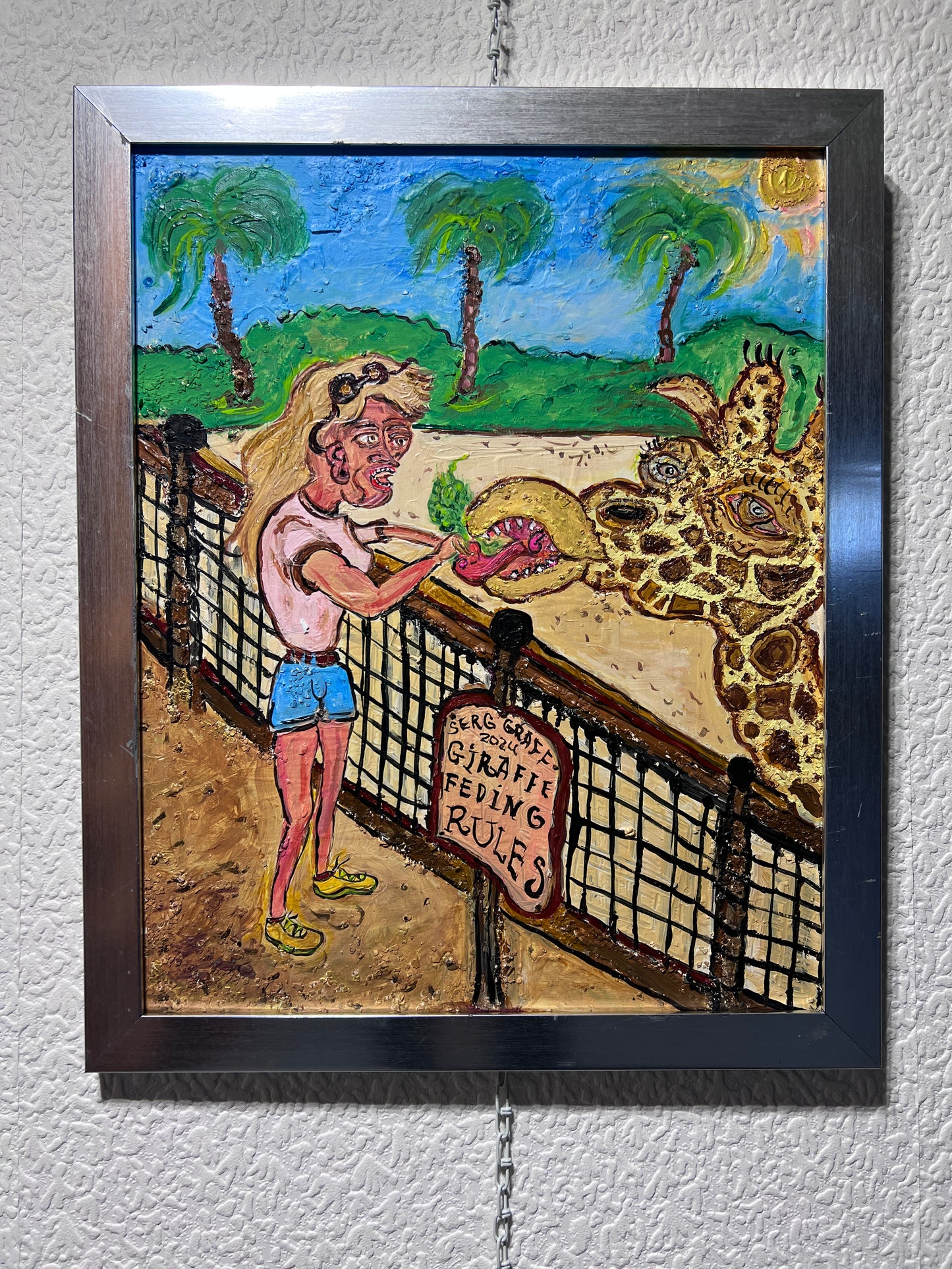 One-of-a-kind Painting on Board , Titled "Hungry Giraffe" by Serg Graff, COA