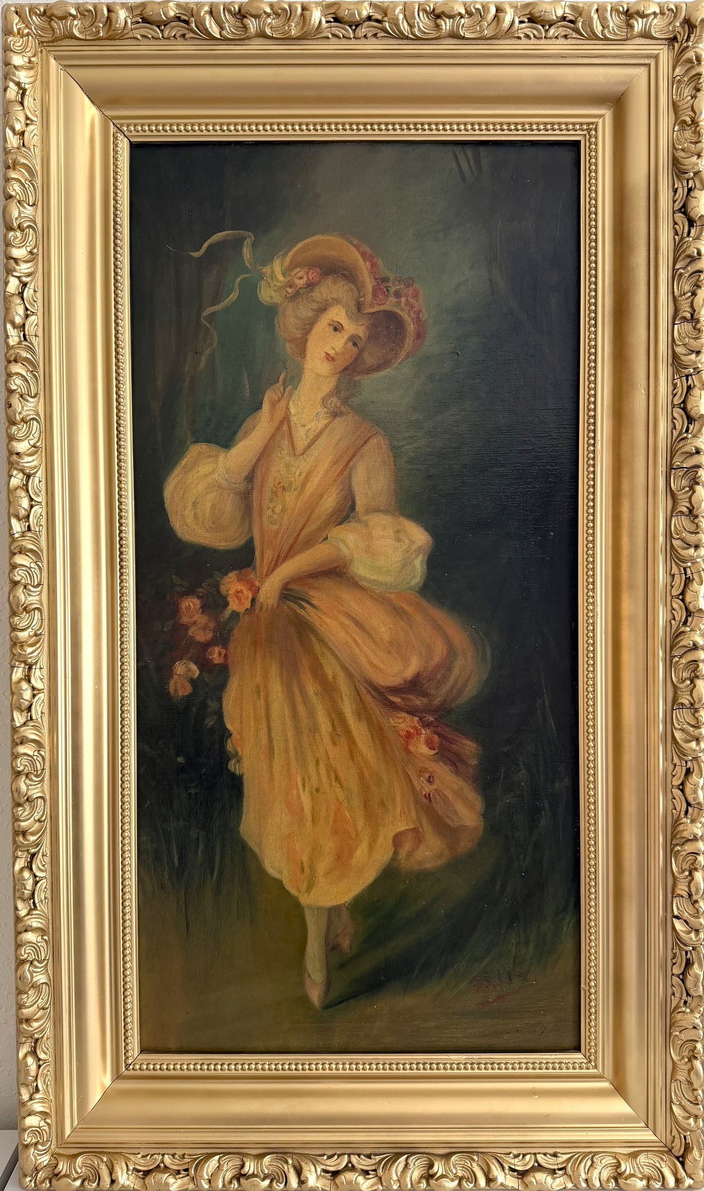 Antique Oil Portrait Young Woman European Lady Gilt Frame 19th Century