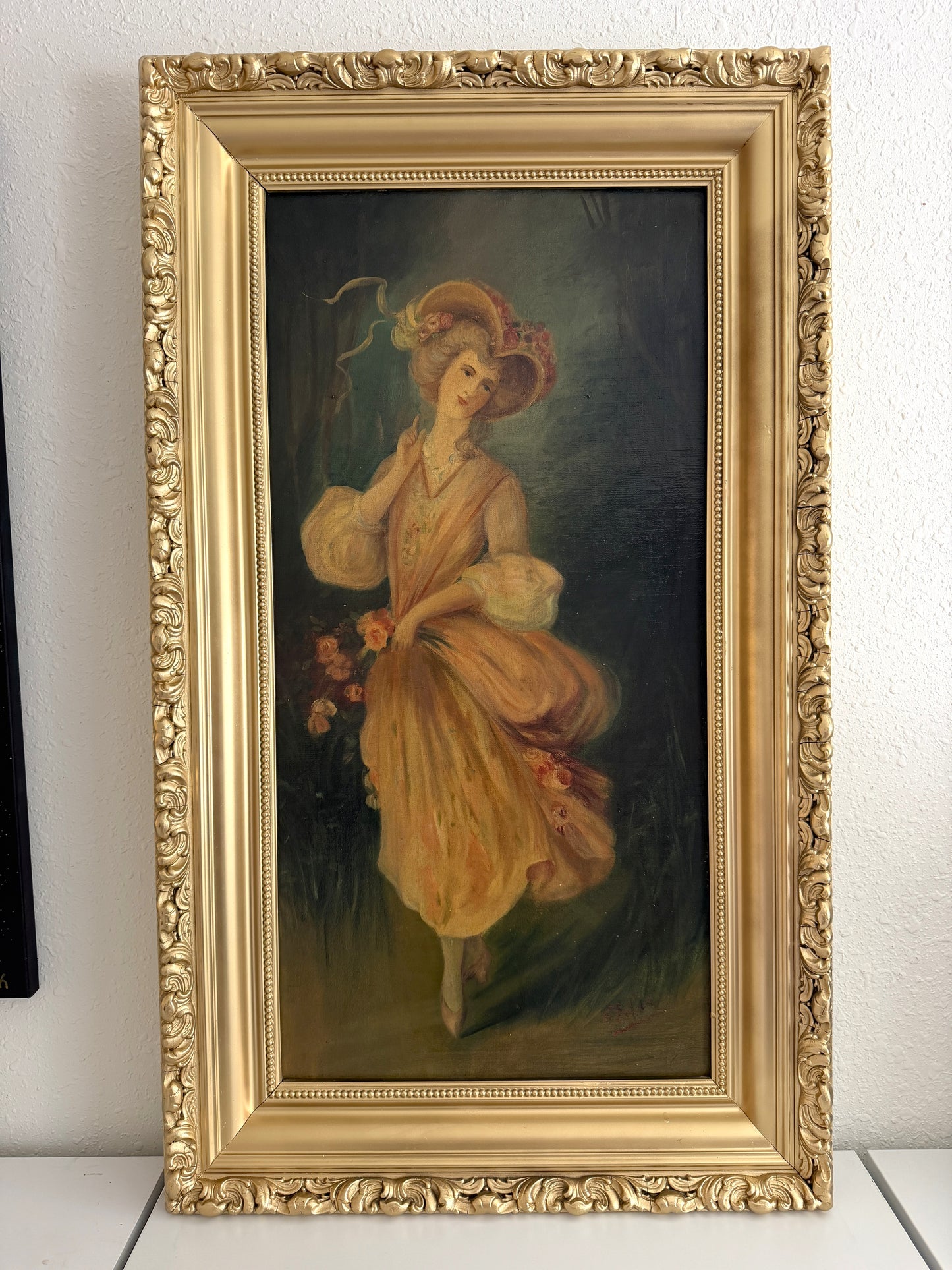 Antique Oil Portrait Young Woman European Lady Gilt Frame 19th Century