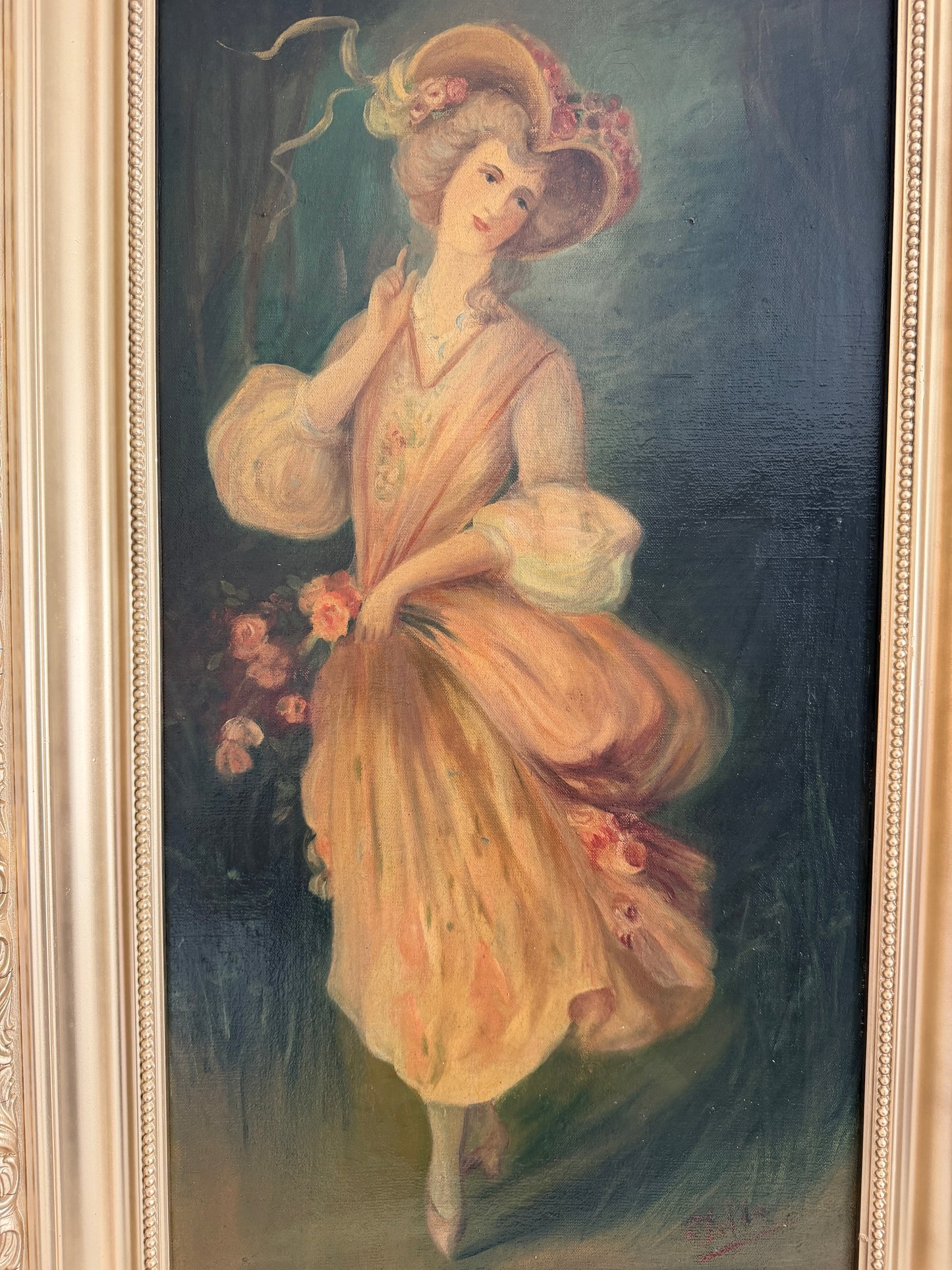 Antique Oil Portrait Young Woman European Lady Gilt Frame 19th Century