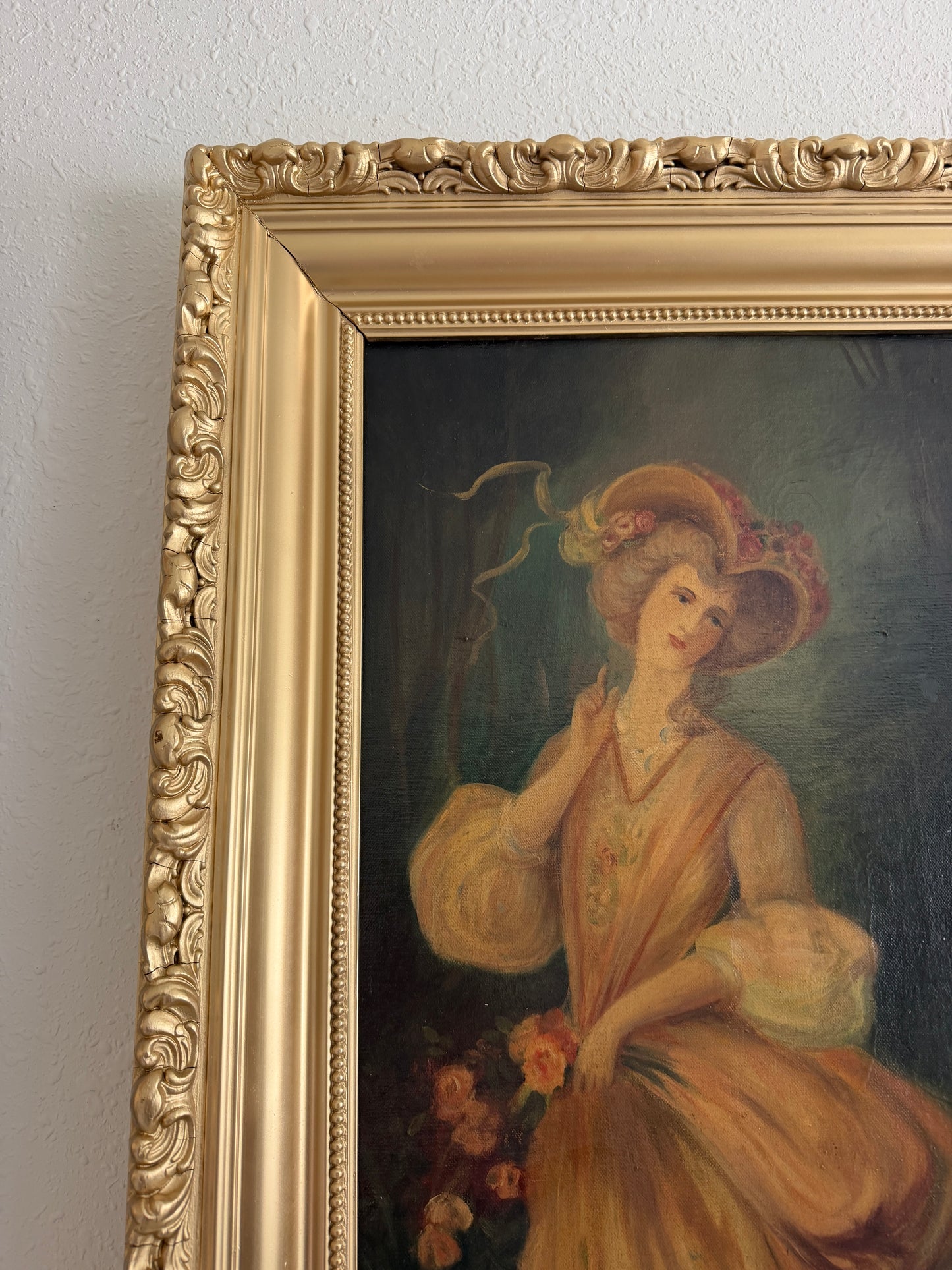 Antique Oil Portrait Young Woman European Lady Gilt Frame 19th Century