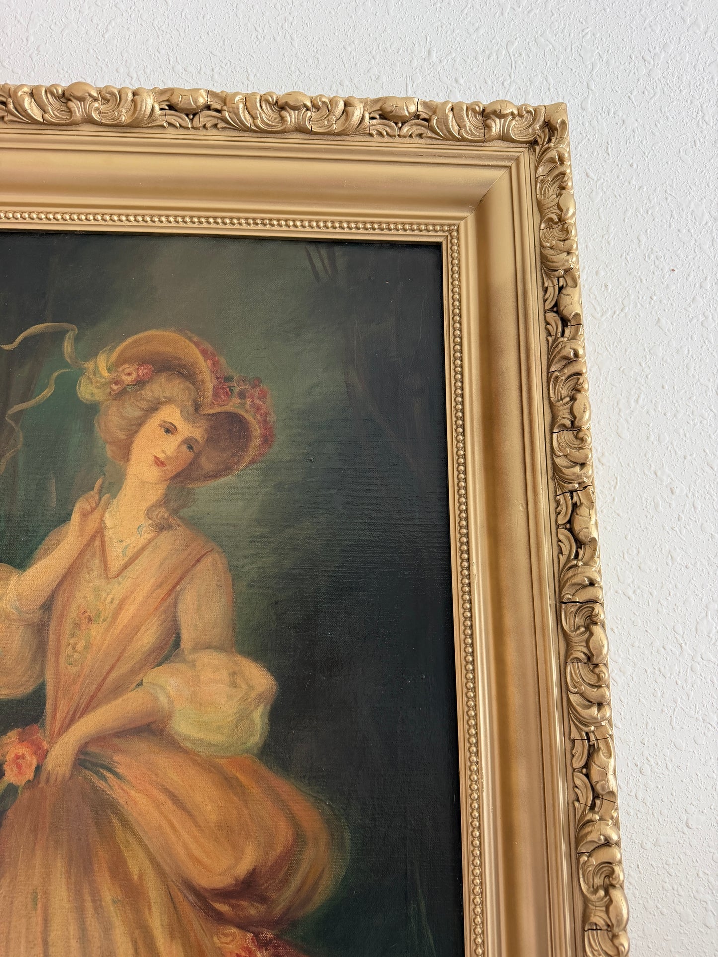Antique Oil Portrait Young Woman European Lady Gilt Frame 19th Century