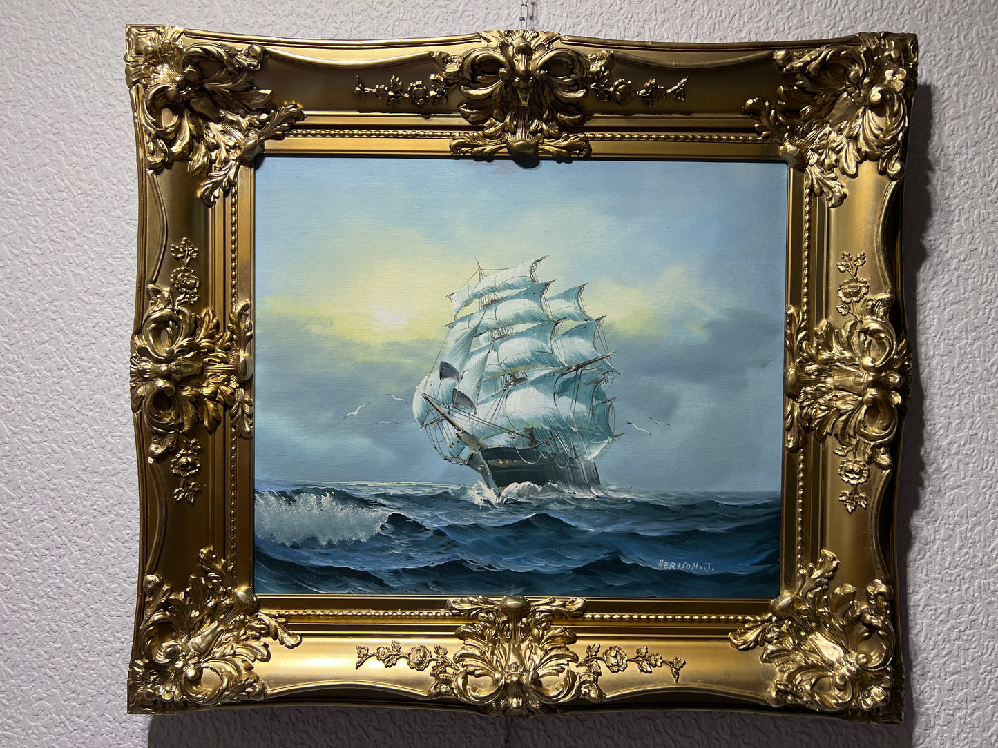 Herison J. original painting on canvas, Seascape, Sailing Ship, Gorgeous Frame