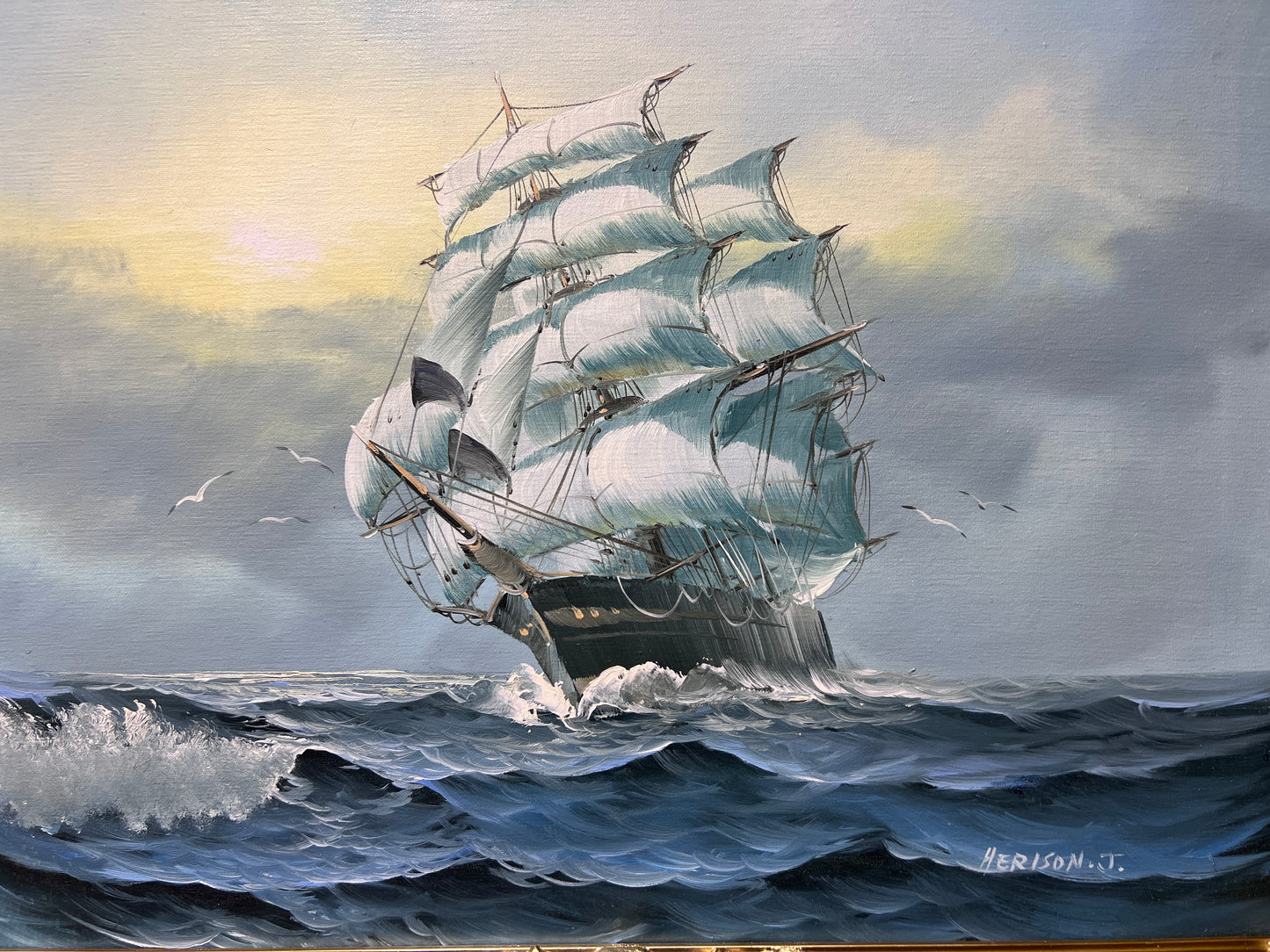 Herison J. original painting on canvas, Seascape, Sailing Ship, Gorgeous Frame