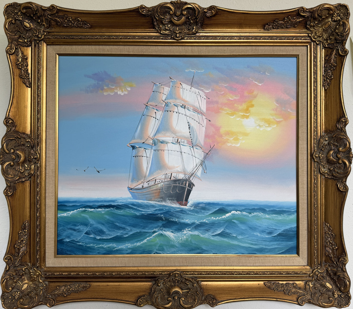 Original Marine Oil Painting Tall Ship on Open Sea Nautical Seascape Gold Frame