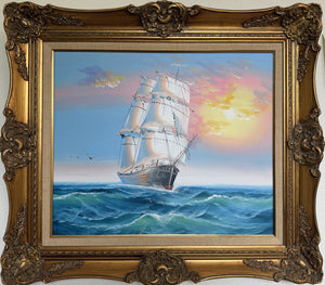 Original Marine Oil Painting Tall Ship on Open Sea Nautical Seascape Gold Frame