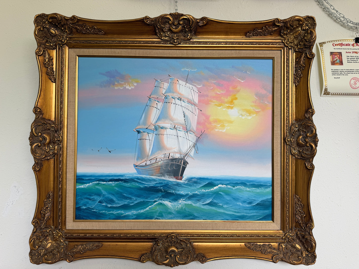 Original Marine Oil Painting Tall Ship on Open Sea Nautical Seascape Gold Frame