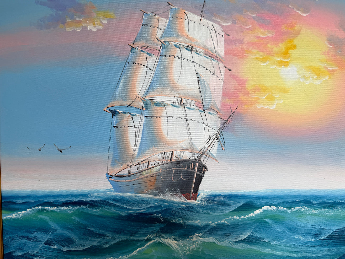 Original Marine Oil Painting Tall Ship on Open Sea Nautical Seascape Gold Frame