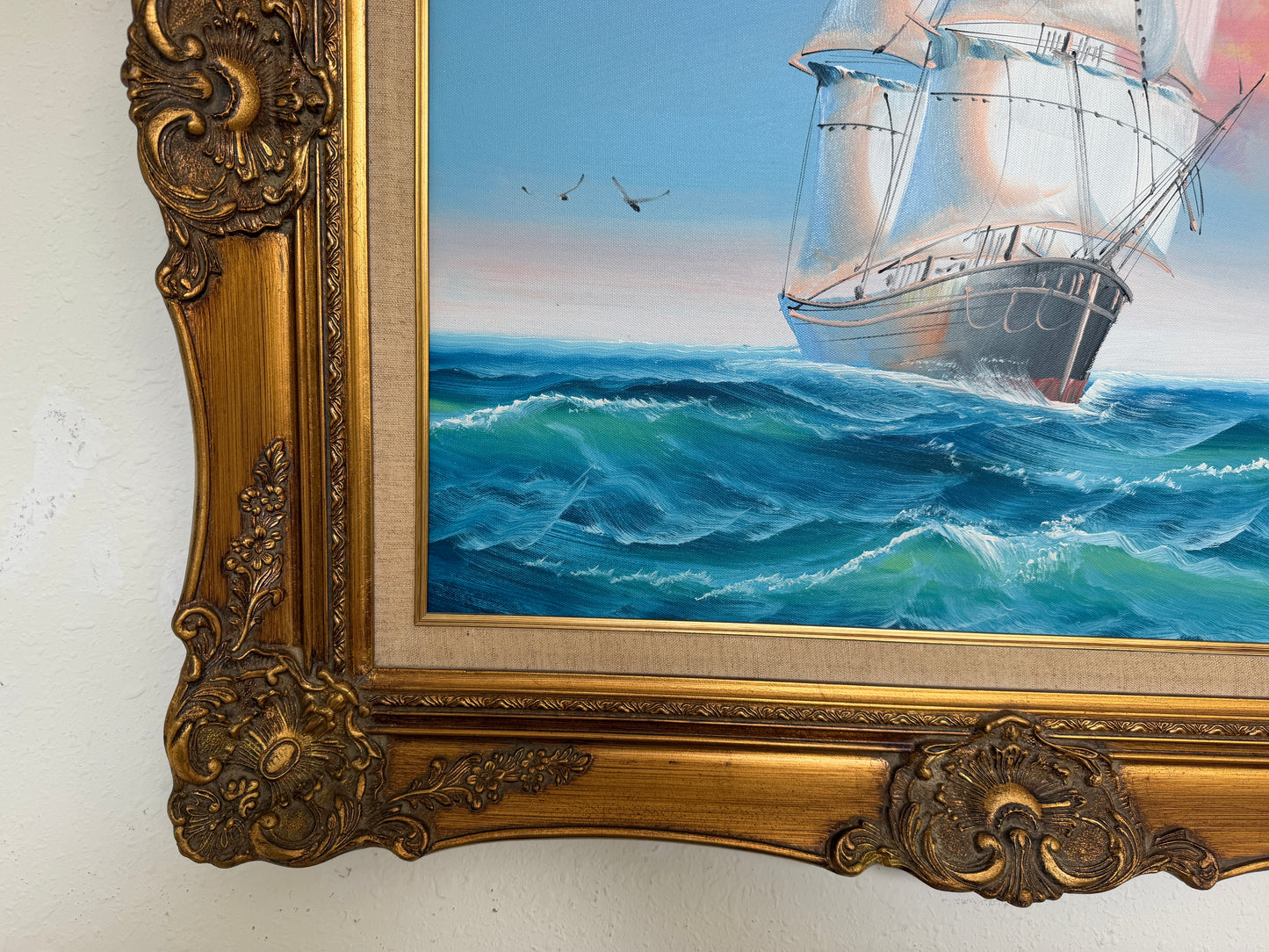 Original Marine Oil Painting Tall Ship on Open Sea Nautical Seascape Gold Frame