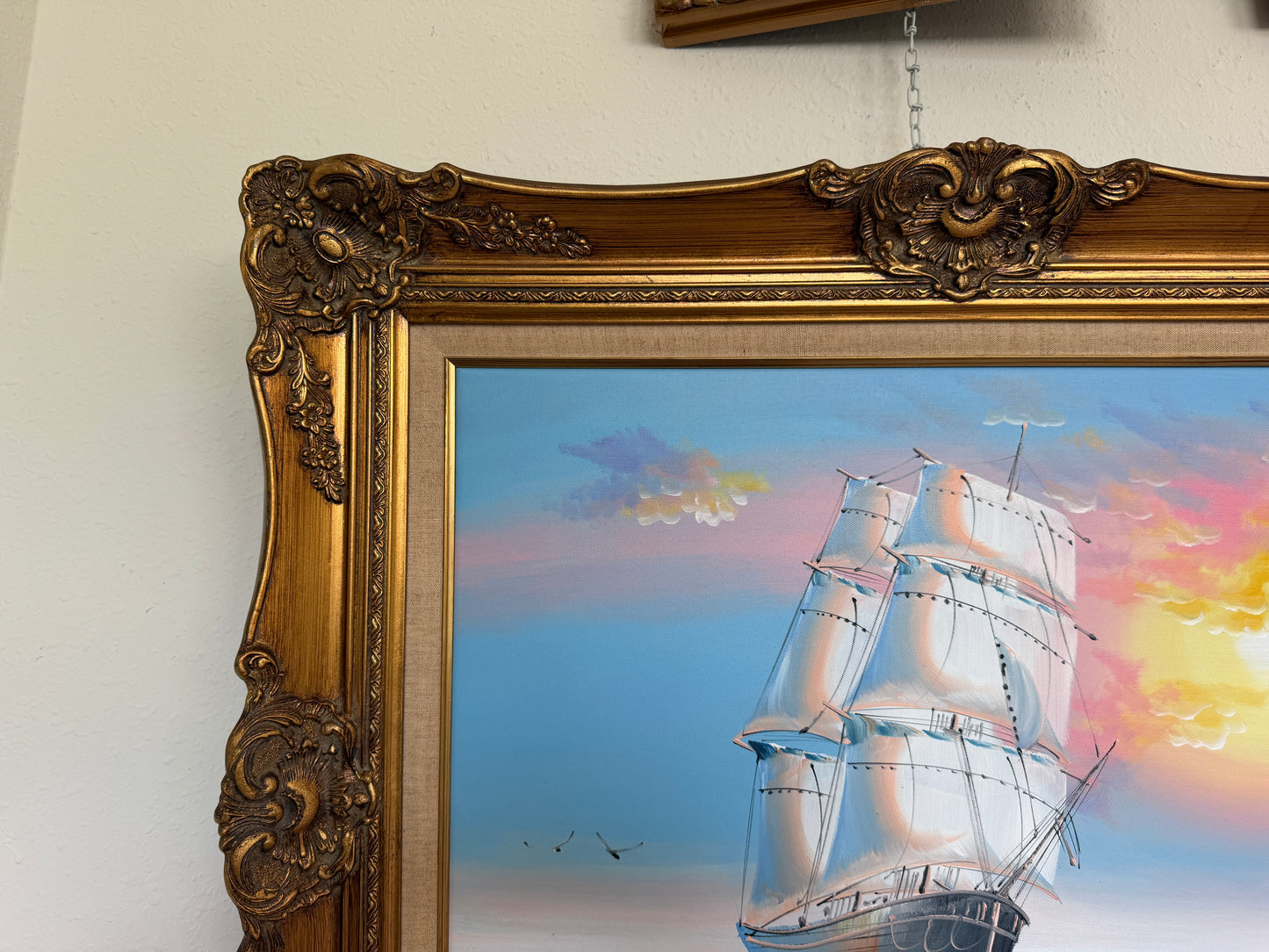 Original Marine Oil Painting Tall Ship on Open Sea Nautical Seascape Gold Frame