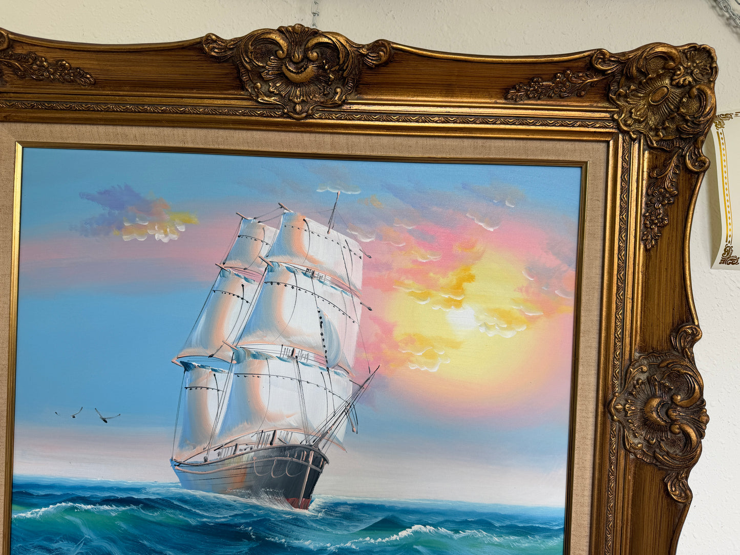 Original Marine Oil Painting Tall Ship on Open Sea Nautical Seascape Gold Frame