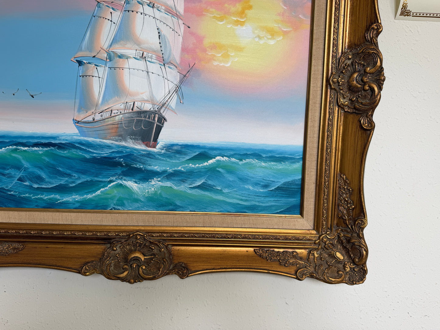 Original Marine Oil Painting Tall Ship on Open Sea Nautical Seascape Gold Frame